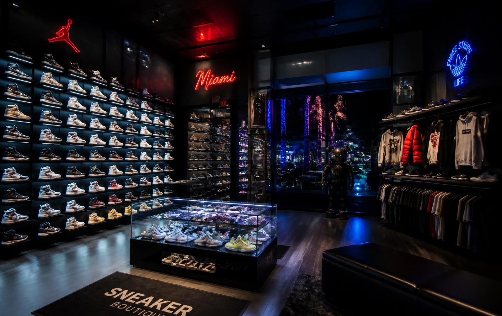 Interior of the Kicked Up Miami sneaker shop with walls of rare sneakers